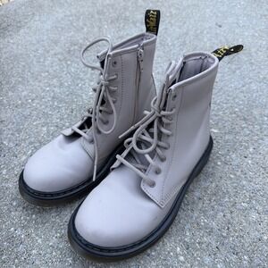 Dr. Martens Boots Youth Size 4 Leather Lace Up Combat Side Zipper Taupe